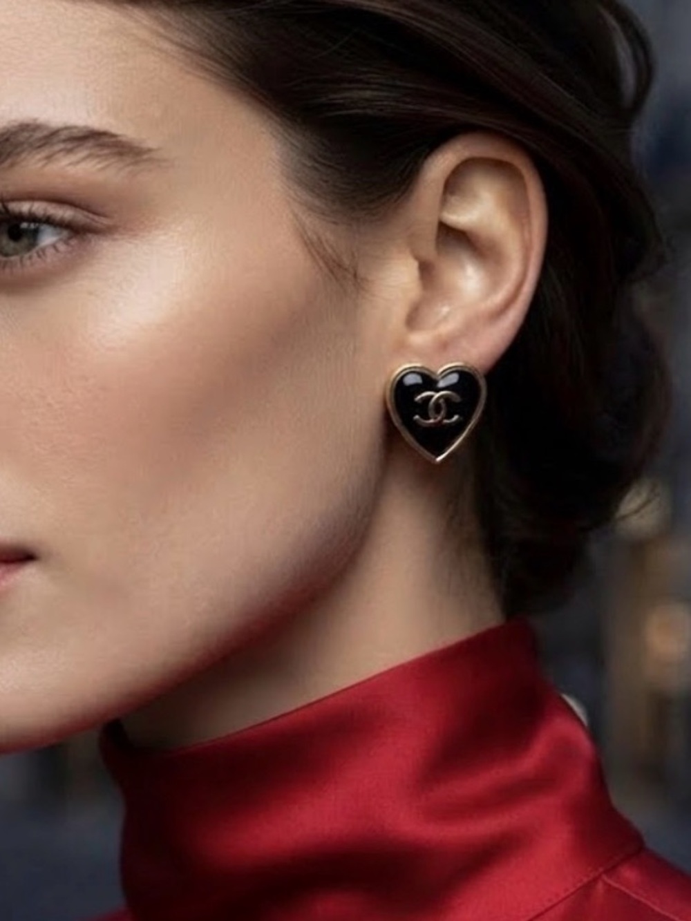 CHANEL Black Heart Stud Earrings